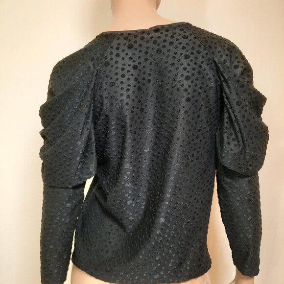 Vintage 80s Blouse Black Ruched Puff Sleeves Womens M Textured Dots - Picture 6 of 7